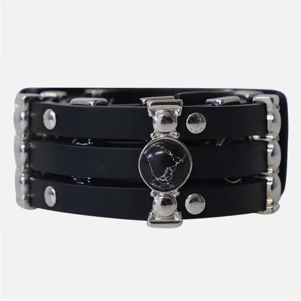 NWT Maje Black Leather Multi-Row Studded Waist Belt with Silver Emblems - Picture 5 of 8